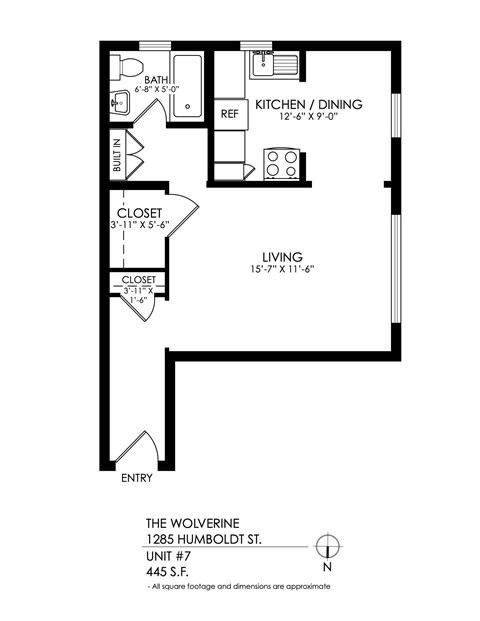 Floor plan for studio, 1 bath, 445 sqft